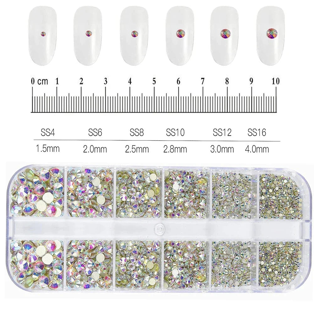 12 Grids Mixed Nail Rhinestones - SS6-SS30 Flat-Back Glass Gems for Nail Art