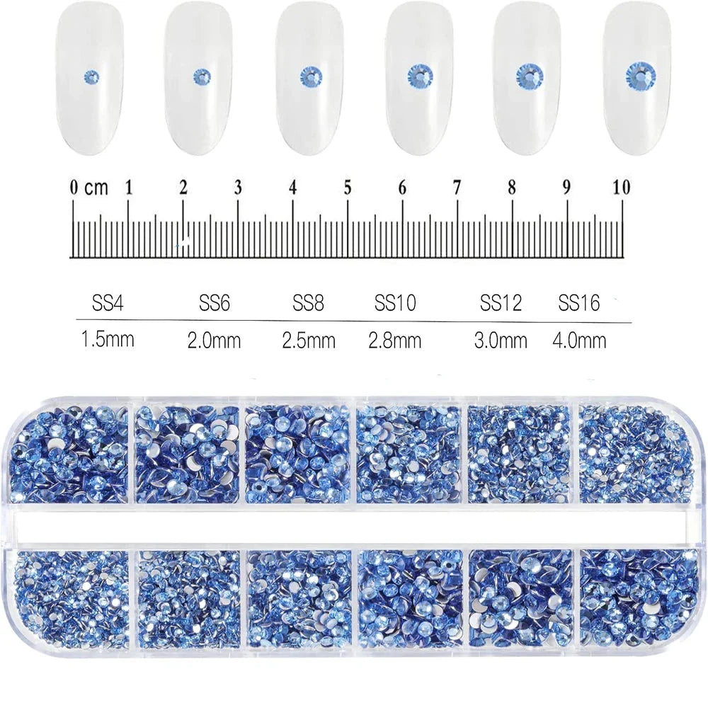 12 Grids Mixed Nail Rhinestones - SS6-SS30 Flat-Back Glass Gems for Nail Art