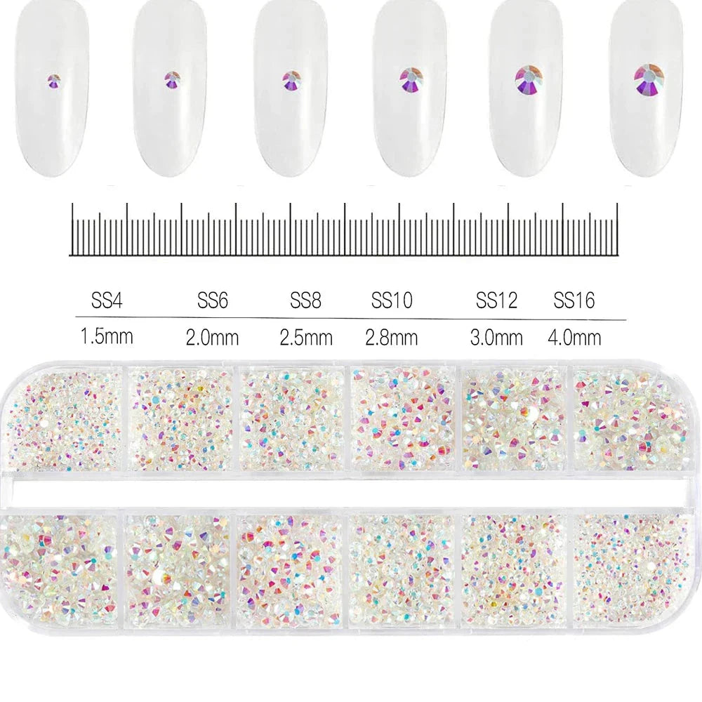 12 Grids Mixed Nail Rhinestones - SS6-SS30 Flat-Back Glass Gems for Nail Art
