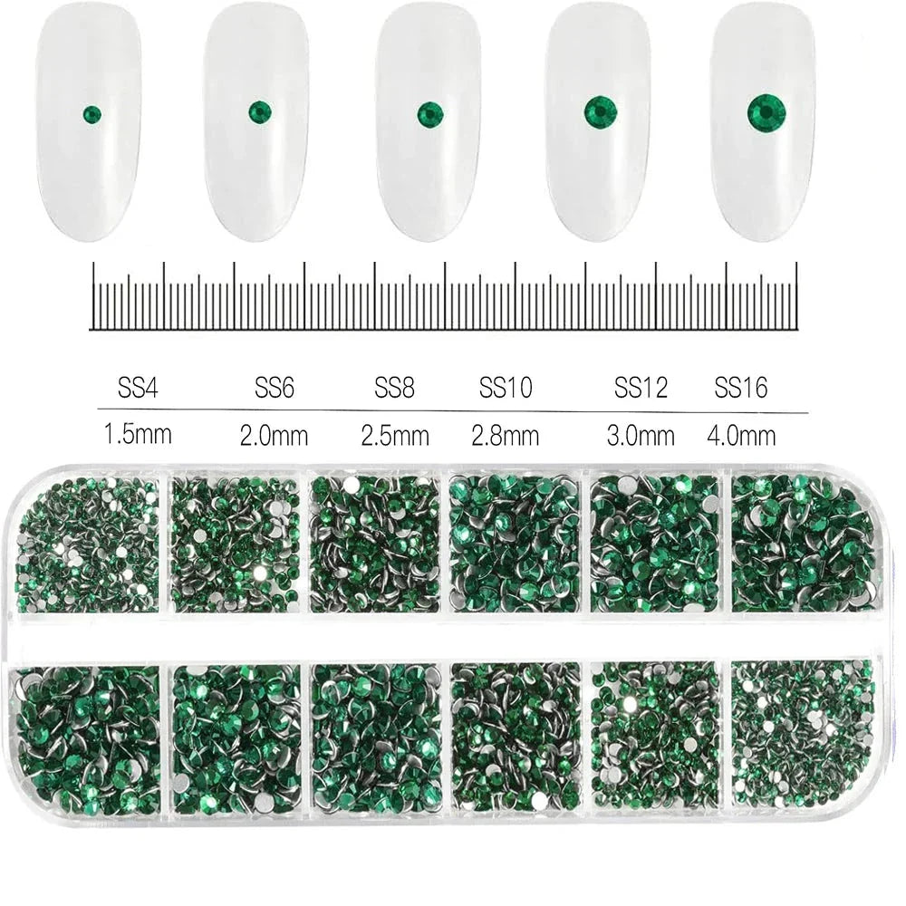 12 Grids Mixed Nail Rhinestones - SS6-SS30 Flat-Back Glass Gems for Nail Art