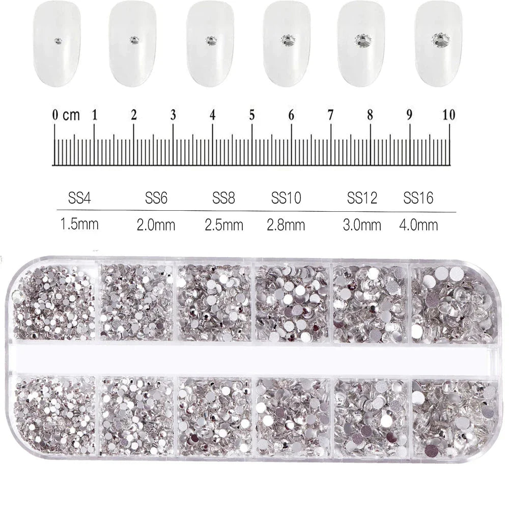 12 Grids Mixed Nail Rhinestones - SS6-SS30 Flat-Back Glass Gems for Nail Art