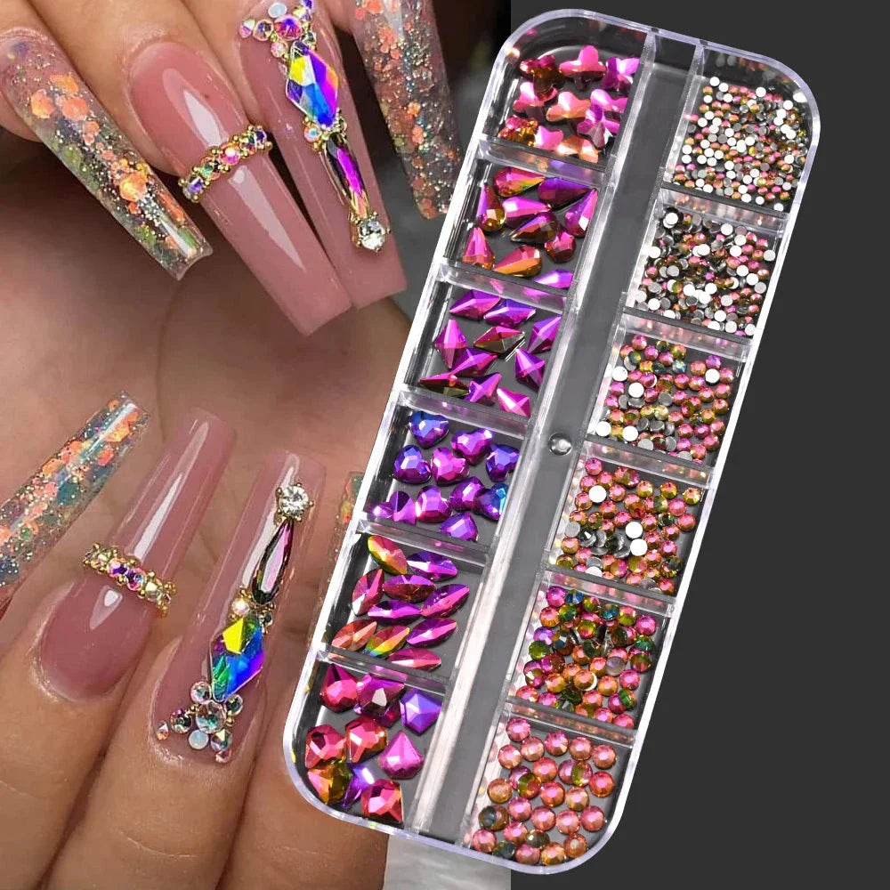 12 Grids Mixed Nail Rhinestones - SS6-SS30 Flat-Back Glass Gems for Nail Art
