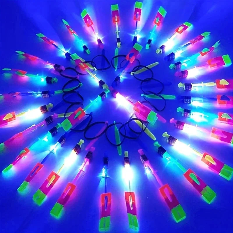10pcs LED Light Rockets – Flying Toys with Slingshot Launchers