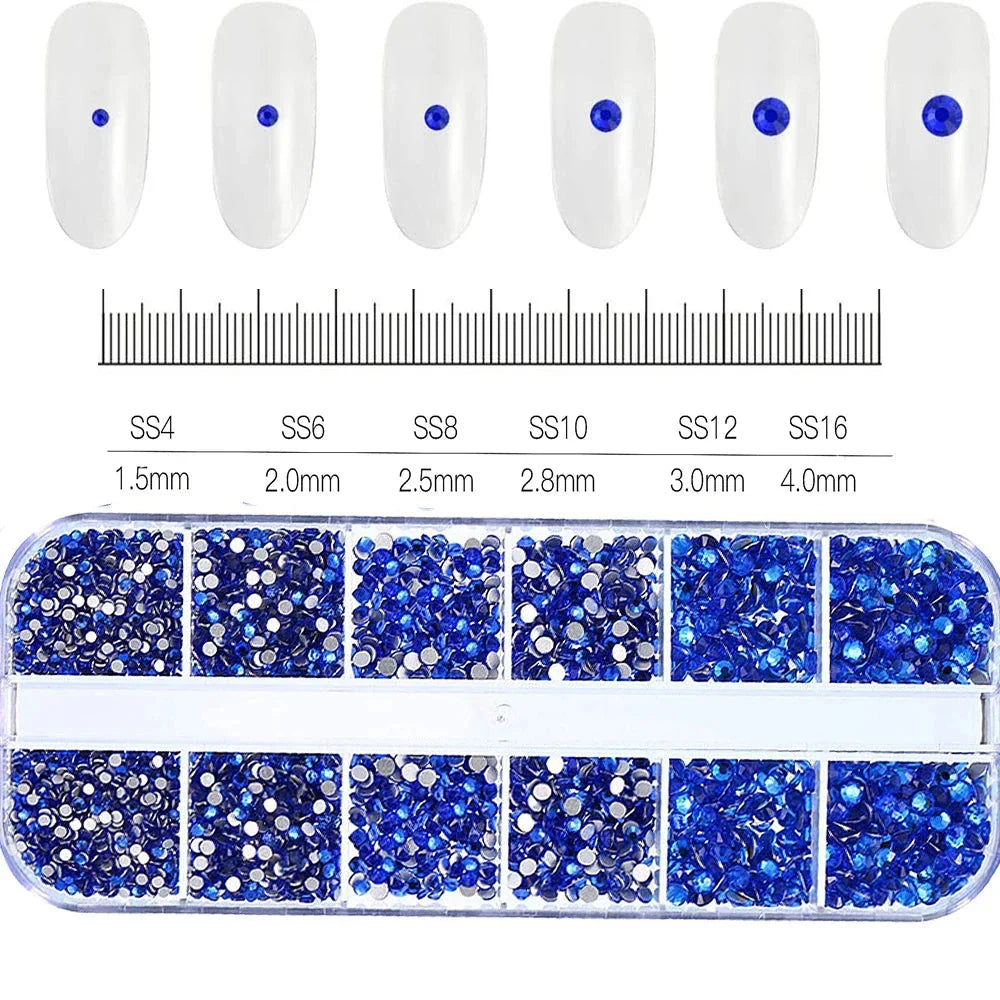 12 Grids Mixed Nail Rhinestones - SS6-SS30 Flat-Back Glass Gems for Nail Art