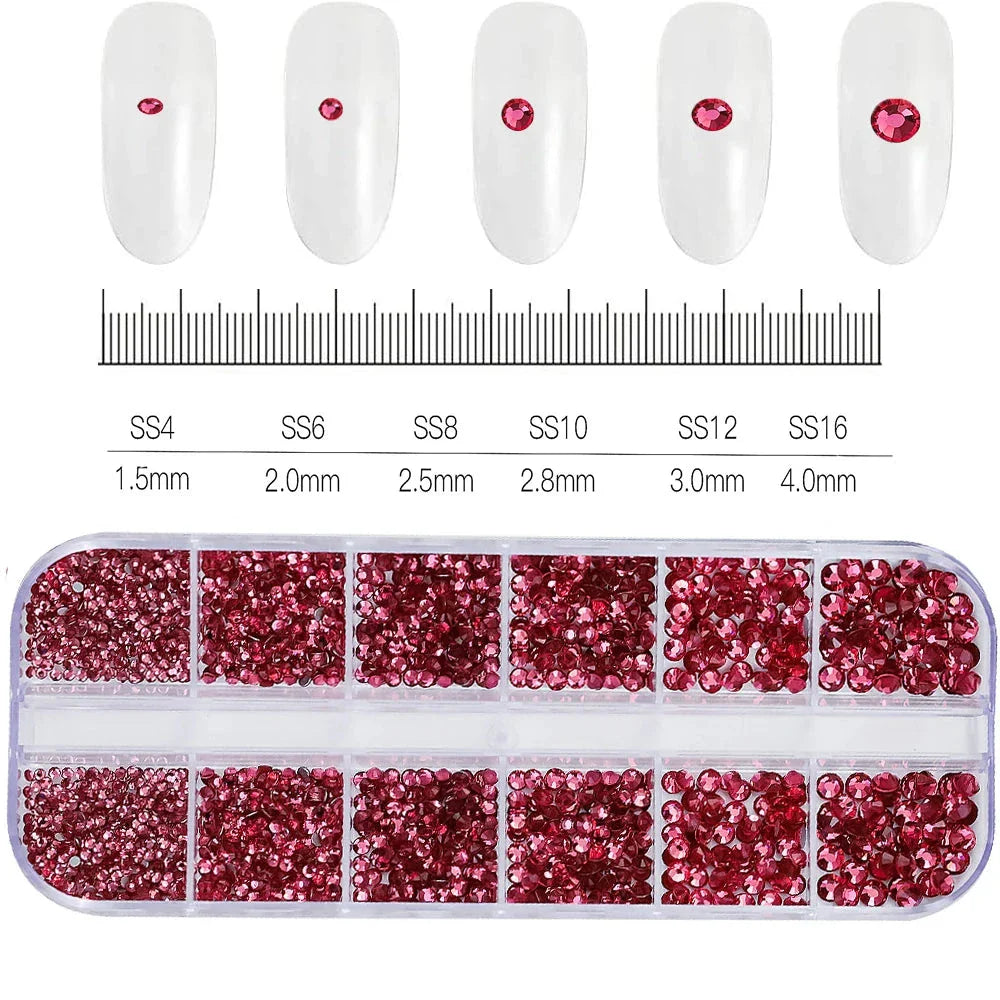 12 Grids Mixed Nail Rhinestones - SS6-SS30 Flat-Back Glass Gems for Nail Art