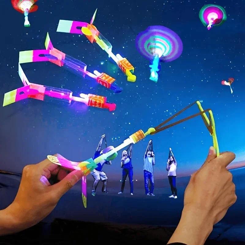 10pcs LED Light Rockets – Flying Toys with Slingshot Launchers