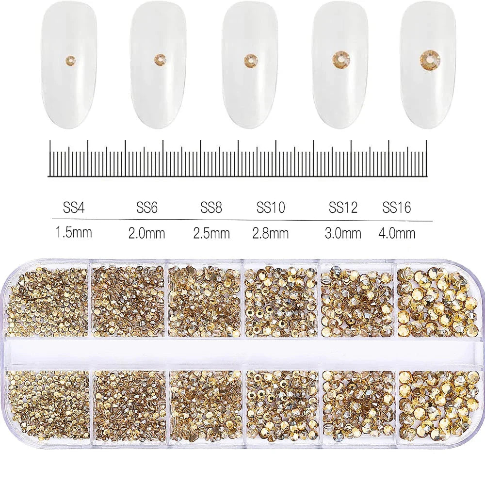 12 Grids Mixed Nail Rhinestones - SS6-SS30 Flat-Back Glass Gems for Nail Art