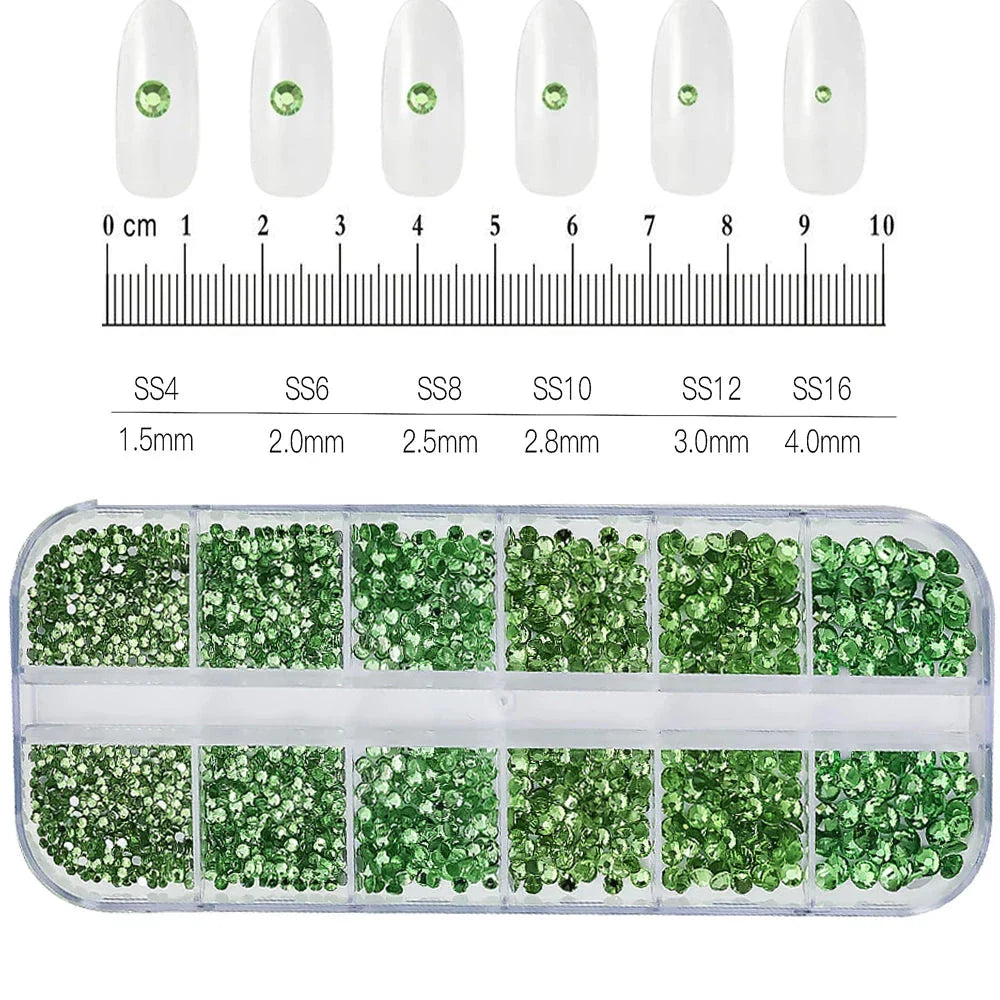 12 Grids Mixed Nail Rhinestones - SS6-SS30 Flat-Back Glass Gems for Nail Art