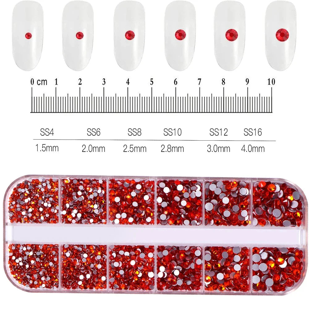 12 Grids Mixed Nail Rhinestones - SS6-SS30 Flat-Back Glass Gems for Nail Art